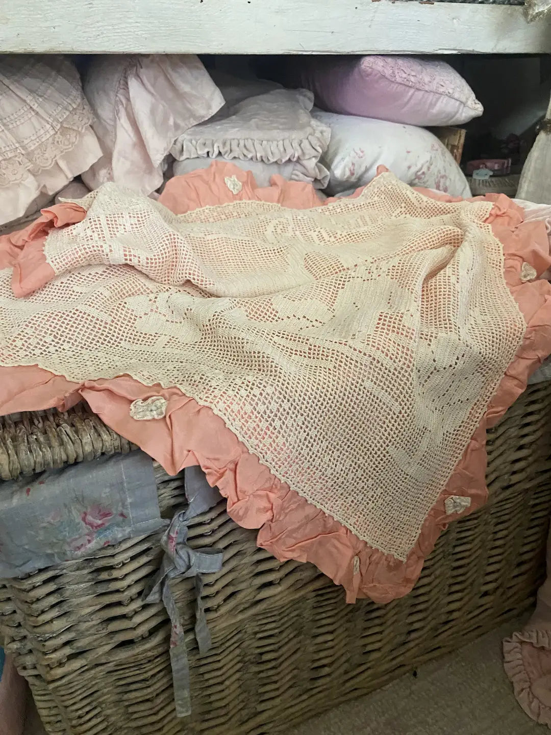 Vintage Pink Ruffled Lace Baby Crib Blanket