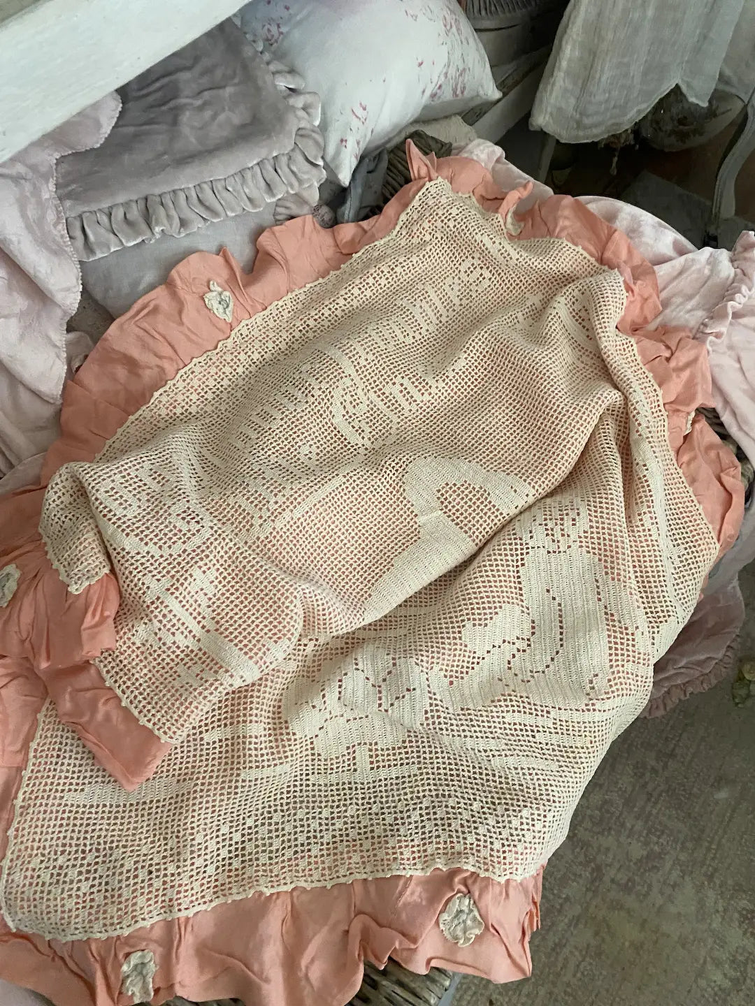 Vintage Pink Ruffled Lace Baby Crib Blanket