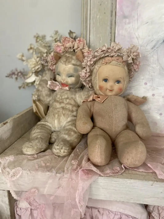 Vintage Plush Doll Pink Angel Wing Fur Flower Crown