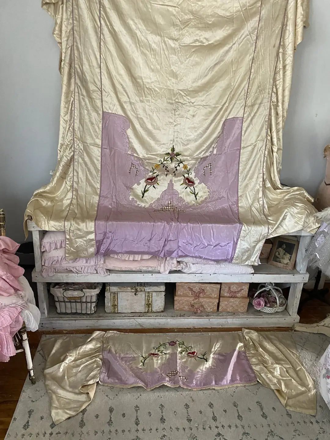 Vintage 1930s Satin Boudoir Bedspread Set