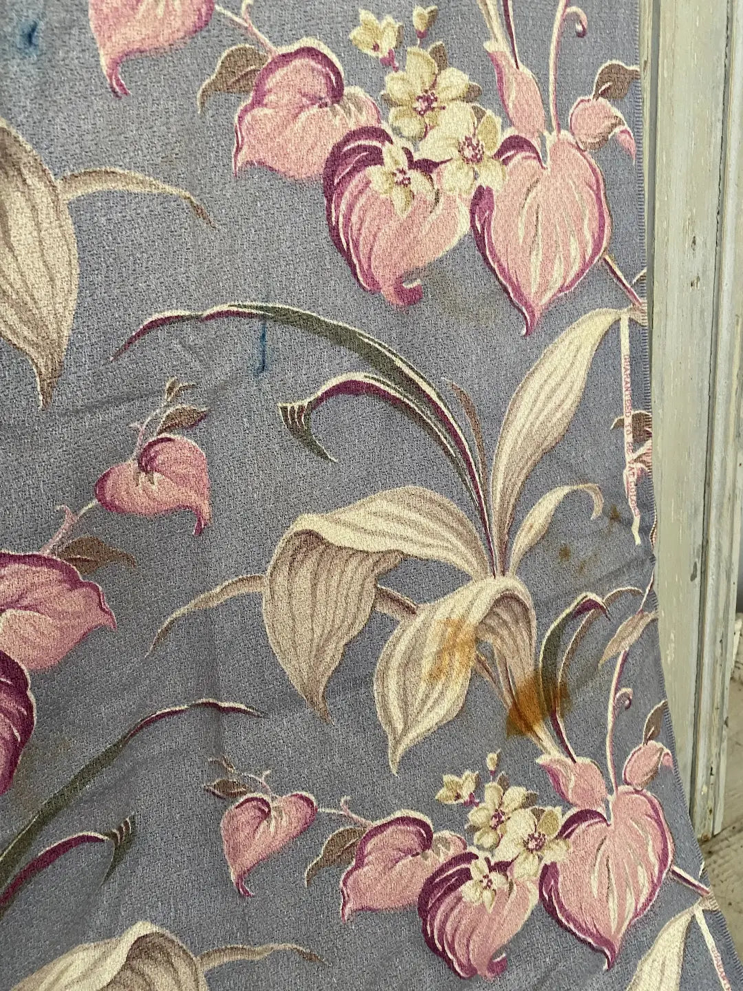 Vintage Blue Pink Shabby Chic Barkcloth Curtain Fabric Panel