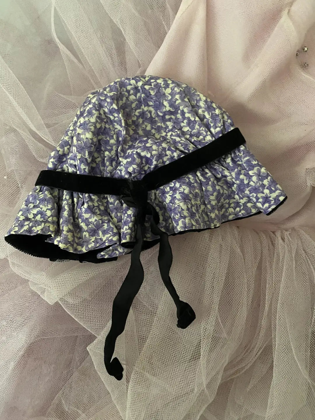 Vintage Bonnet Cap Lavender Pink Millinery Flowers Silk Velvet Lined