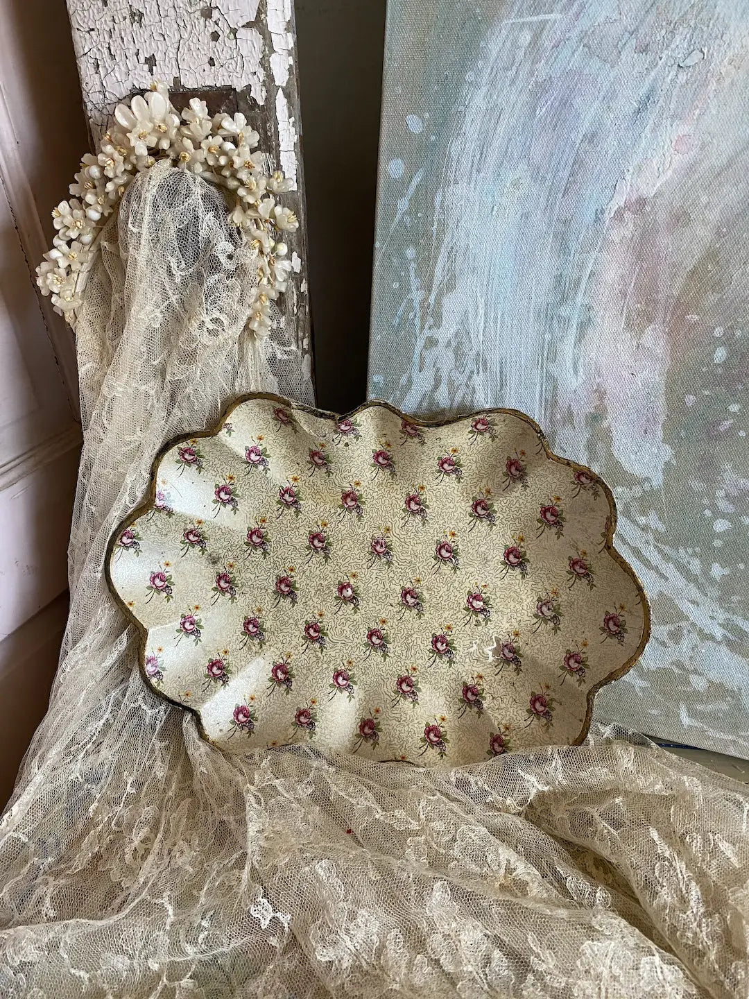 Vintage Floral Shabby Chic Tray Paper Mache Wallpaper Style