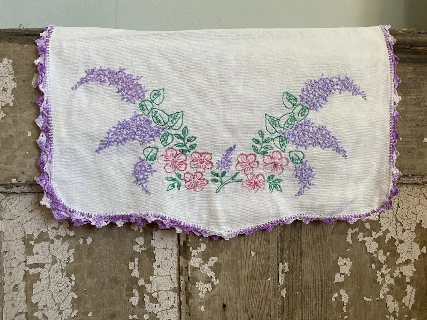 Vintage Embroidered Linen Runner Purple Wisteria Pink Flowers