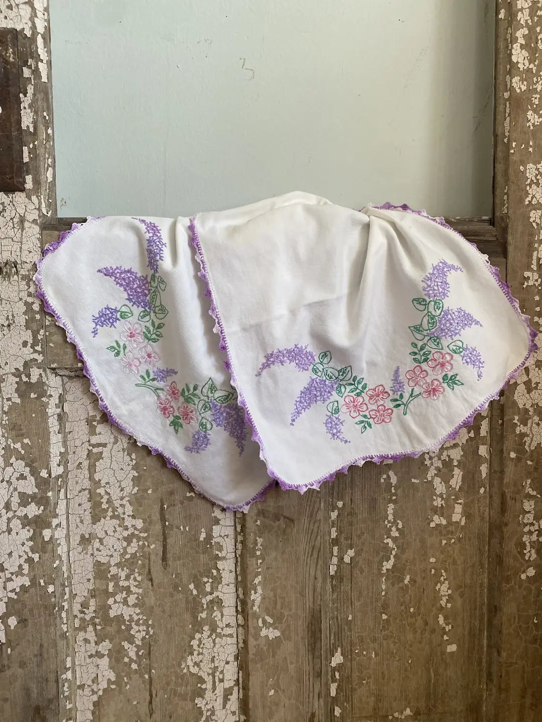 Vintage Embroidered Linen Runner Purple Wisteria Pink Flowers