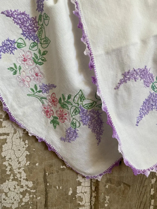 Vintage Embroidered Linen Runner Purple Wisteria Pink Flowers