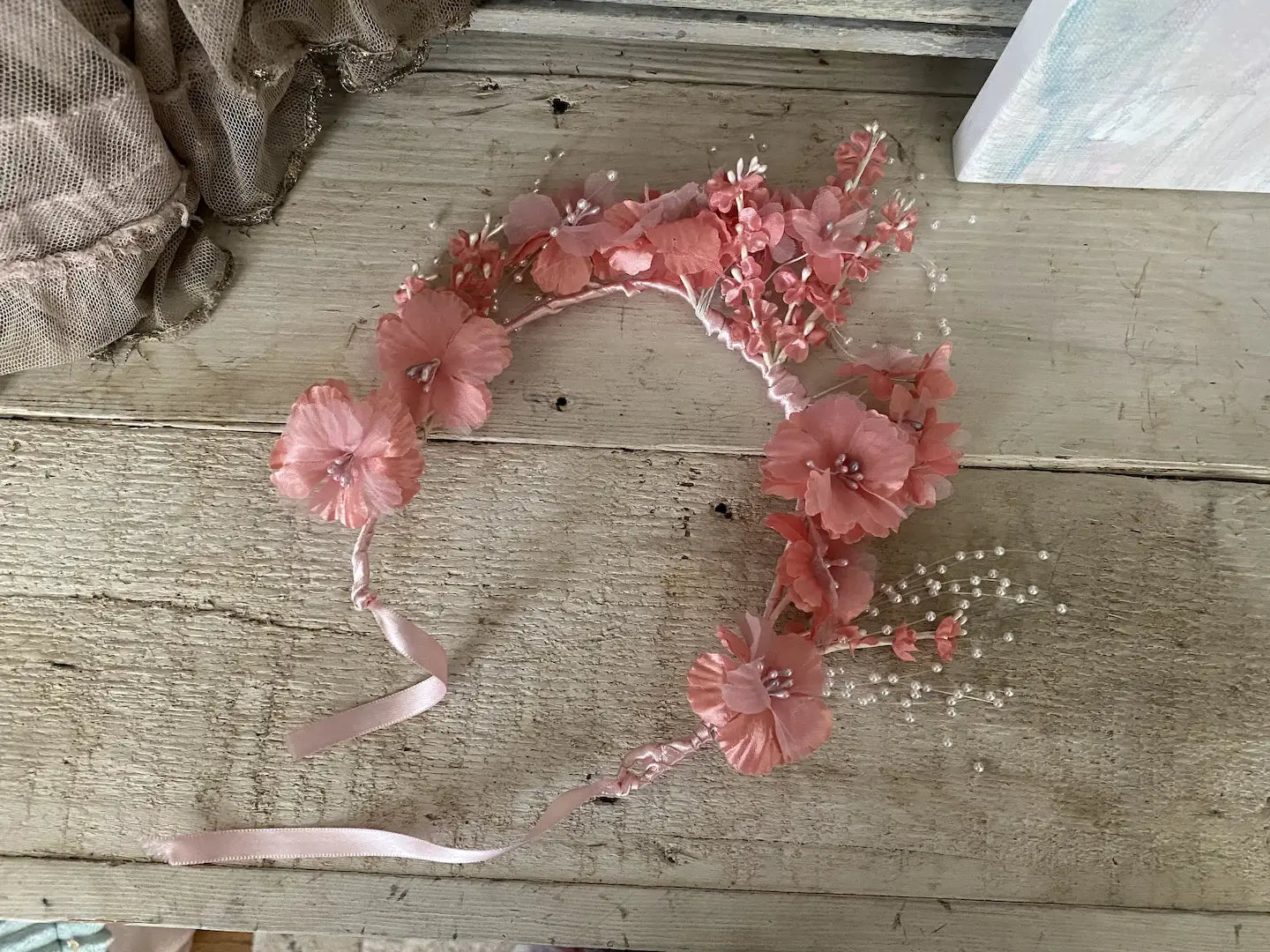 Vintage Headdress Crown Coral Pink Flowers Faux Pearl Sprays