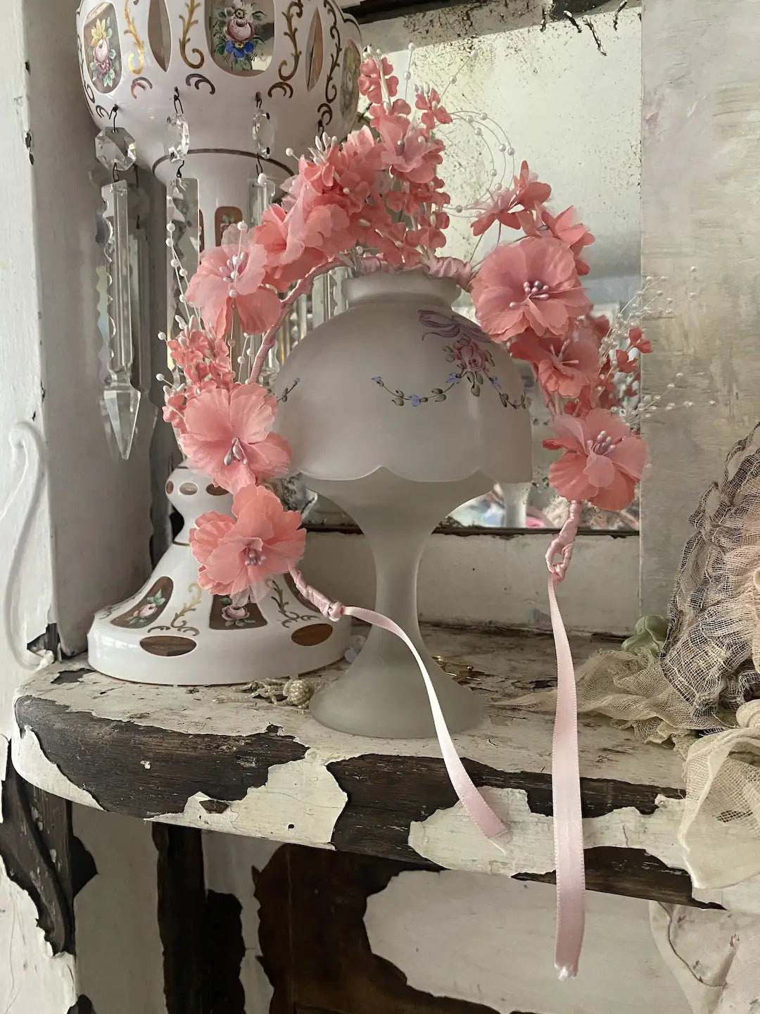 Vintage Headdress Crown Coral Pink Flowers Faux Pearl Sprays