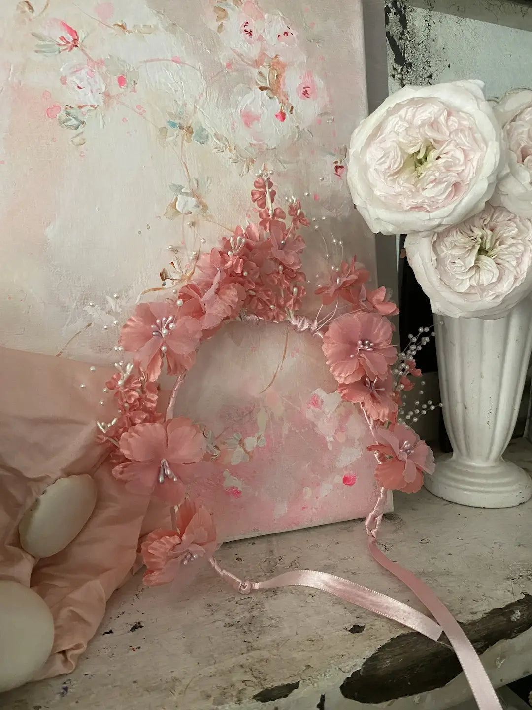 Vintage Headdress Crown Coral Pink Flowers Faux Pearl Sprays