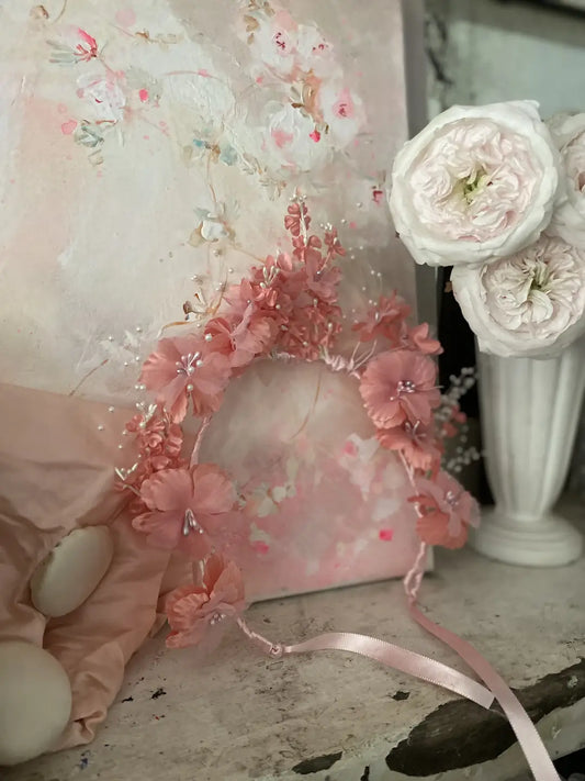 Vintage Headdress Crown Coral Pink Flowers Faux Pearl Sprays