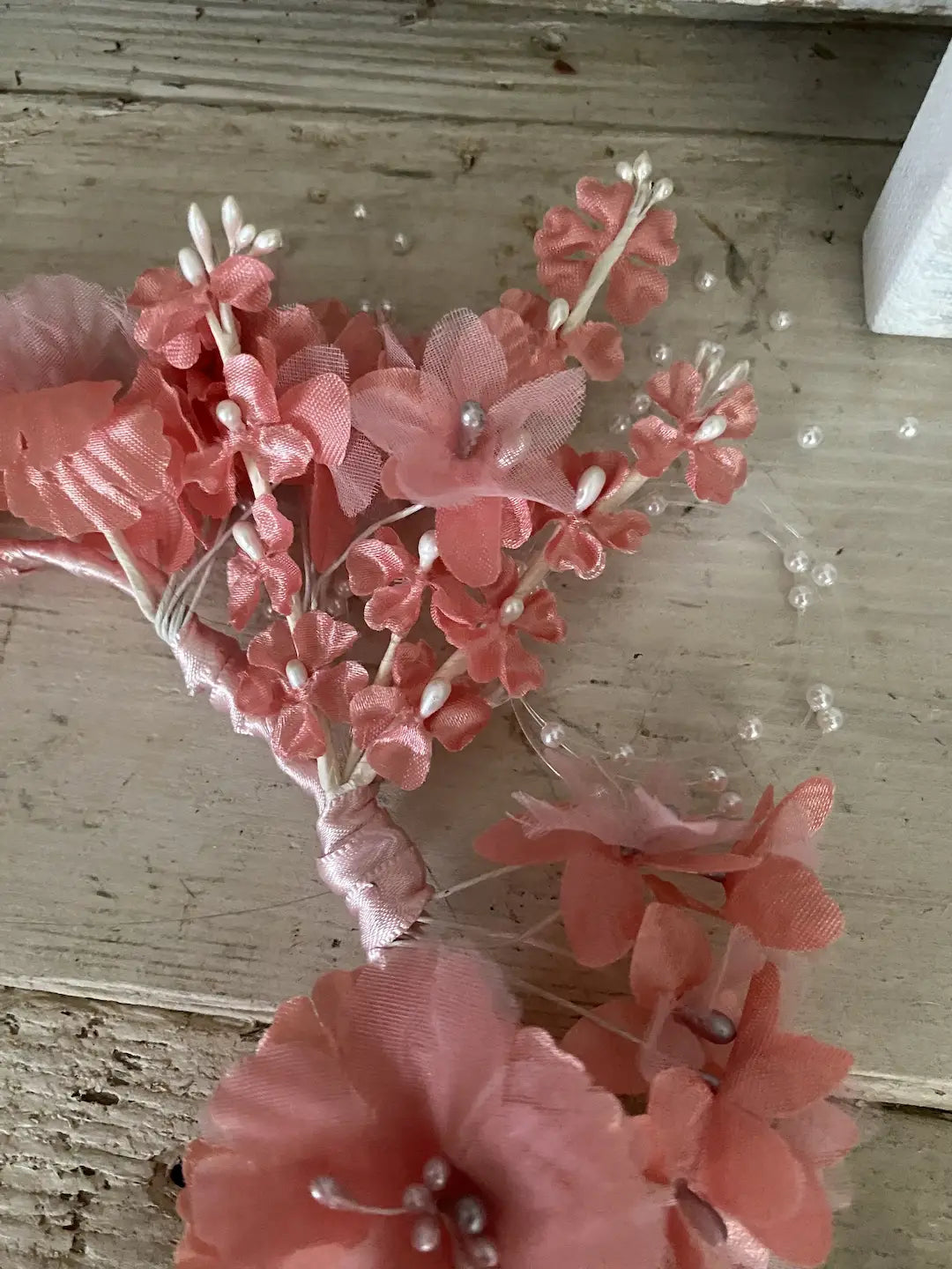 Vintage Headdress Crown Coral Pink Flowers Faux Pearl Sprays