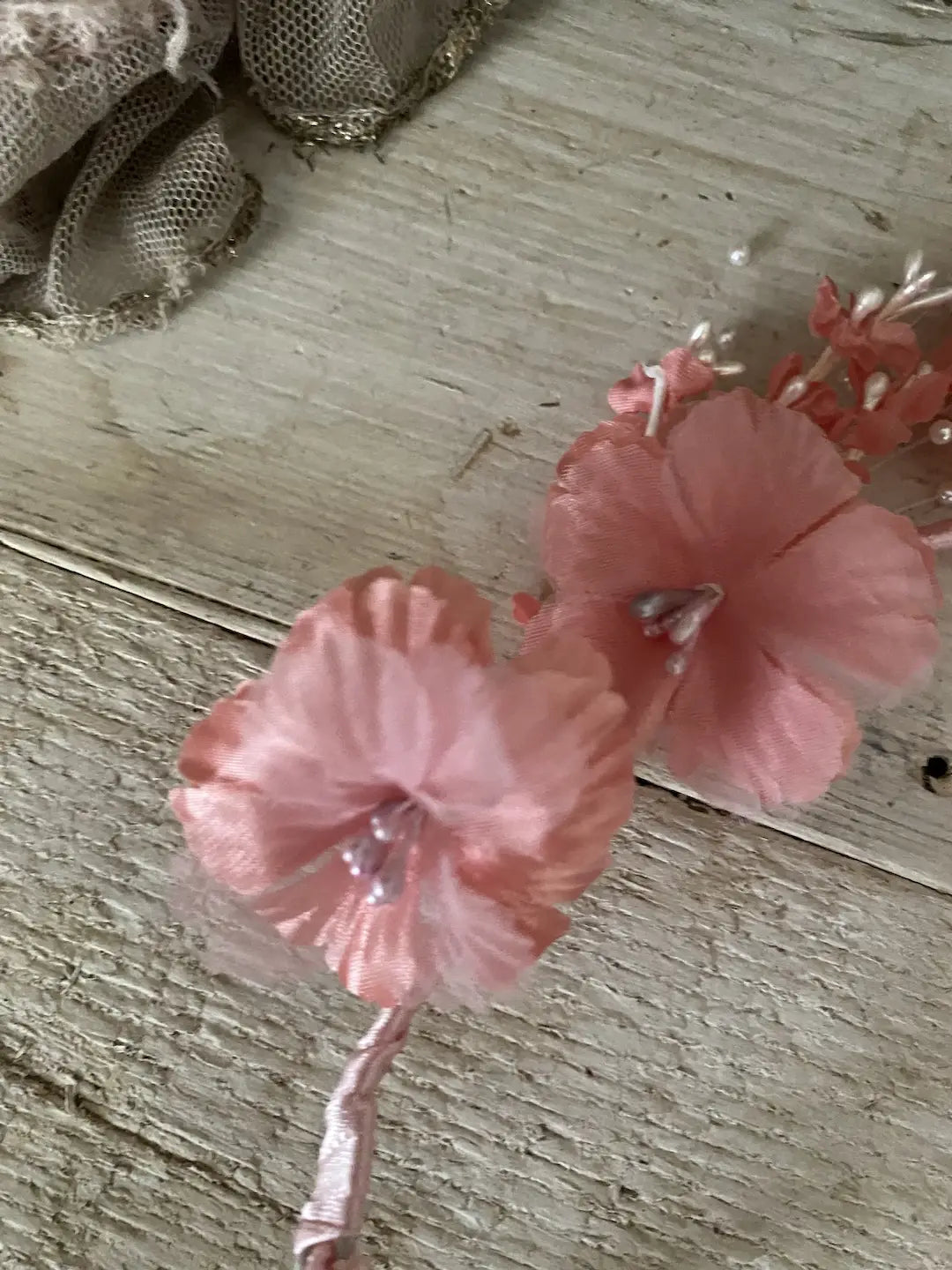 Vintage Headdress Crown Coral Pink Flowers Faux Pearl Sprays