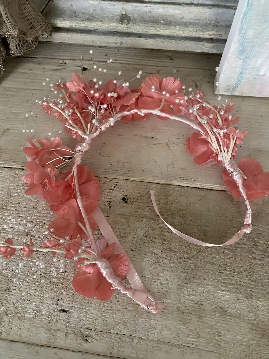 Vintage Headdress Crown Coral Pink Flowers Faux Pearl Sprays