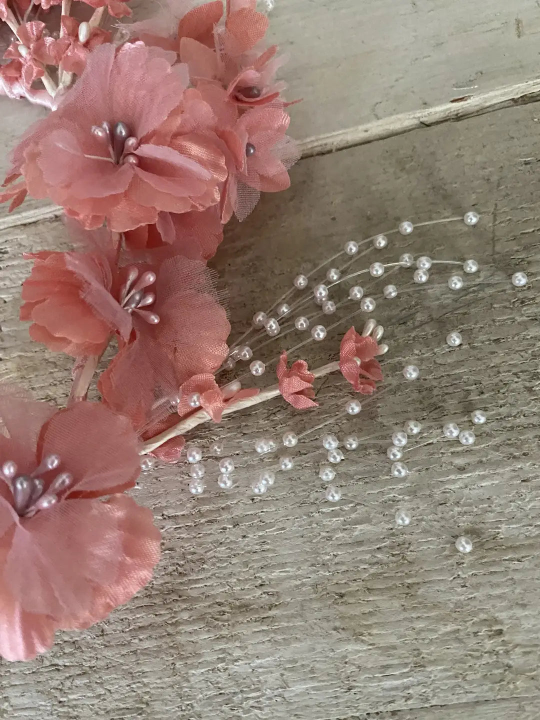 Vintage Headdress Crown Coral Pink Flowers Faux Pearl Sprays