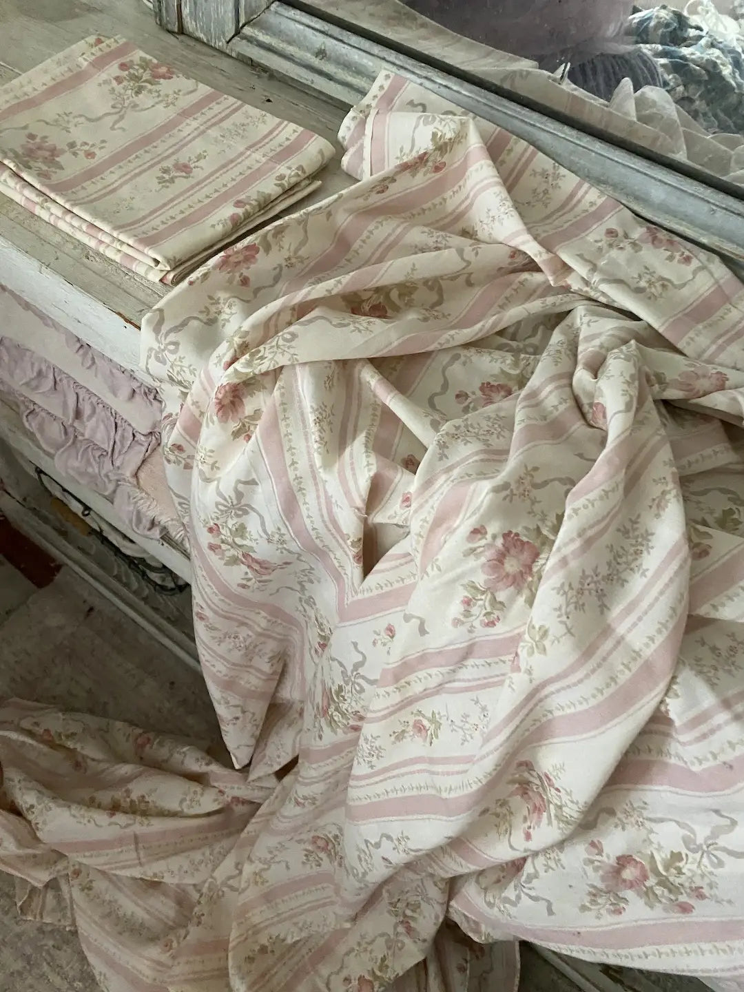 Vintage Lady Pepperell Full Flat Sheet Pillowcases Set Pink Floral Ribbon Bow Fabric