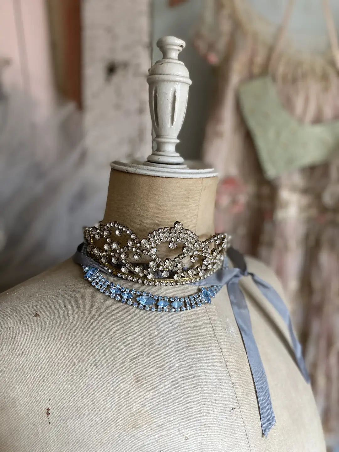 Vintage Paste Rhinestone Necklace Choker Pale Blue