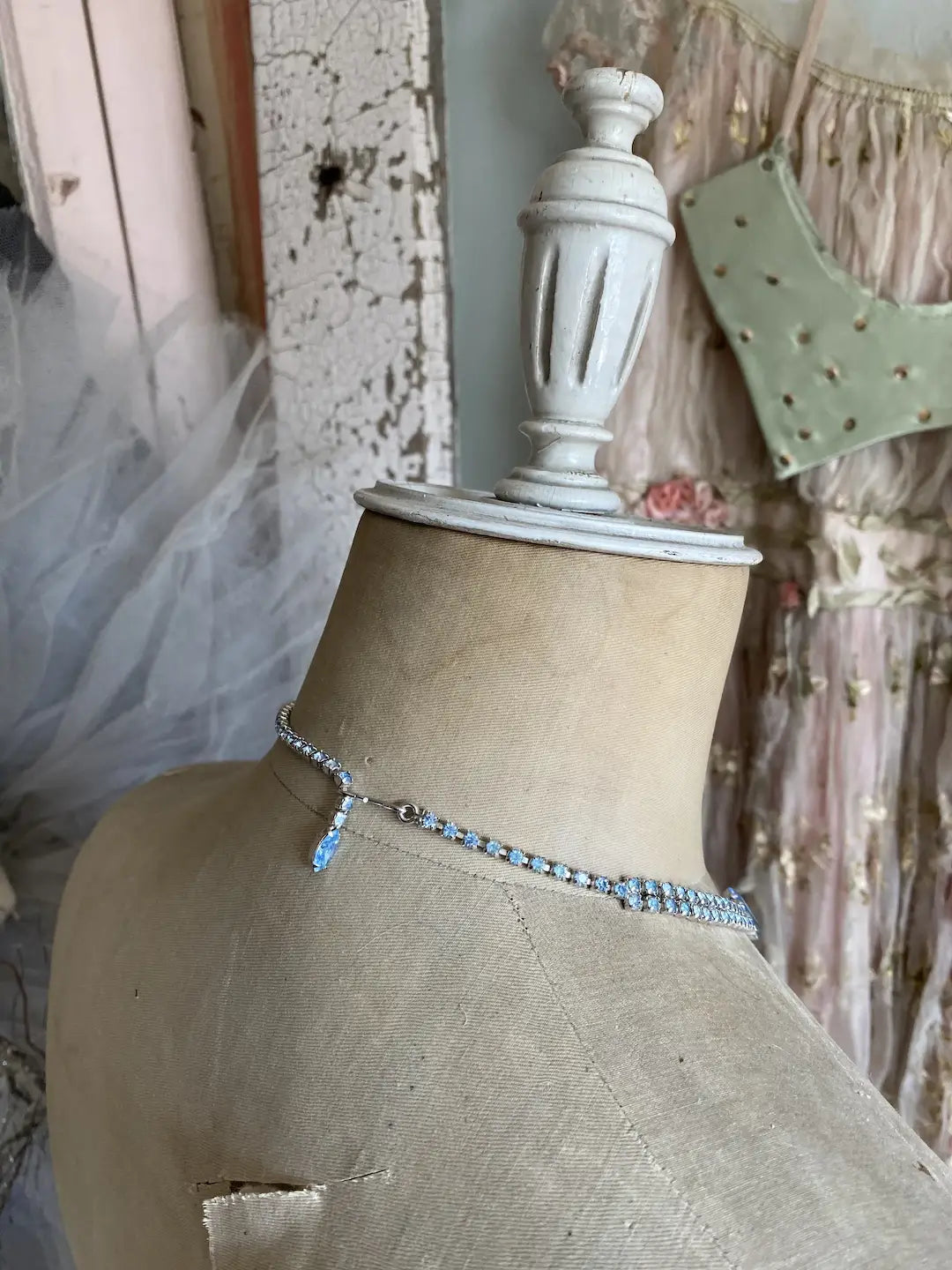 Vintage Paste Rhinestone Necklace Choker Pale Blue