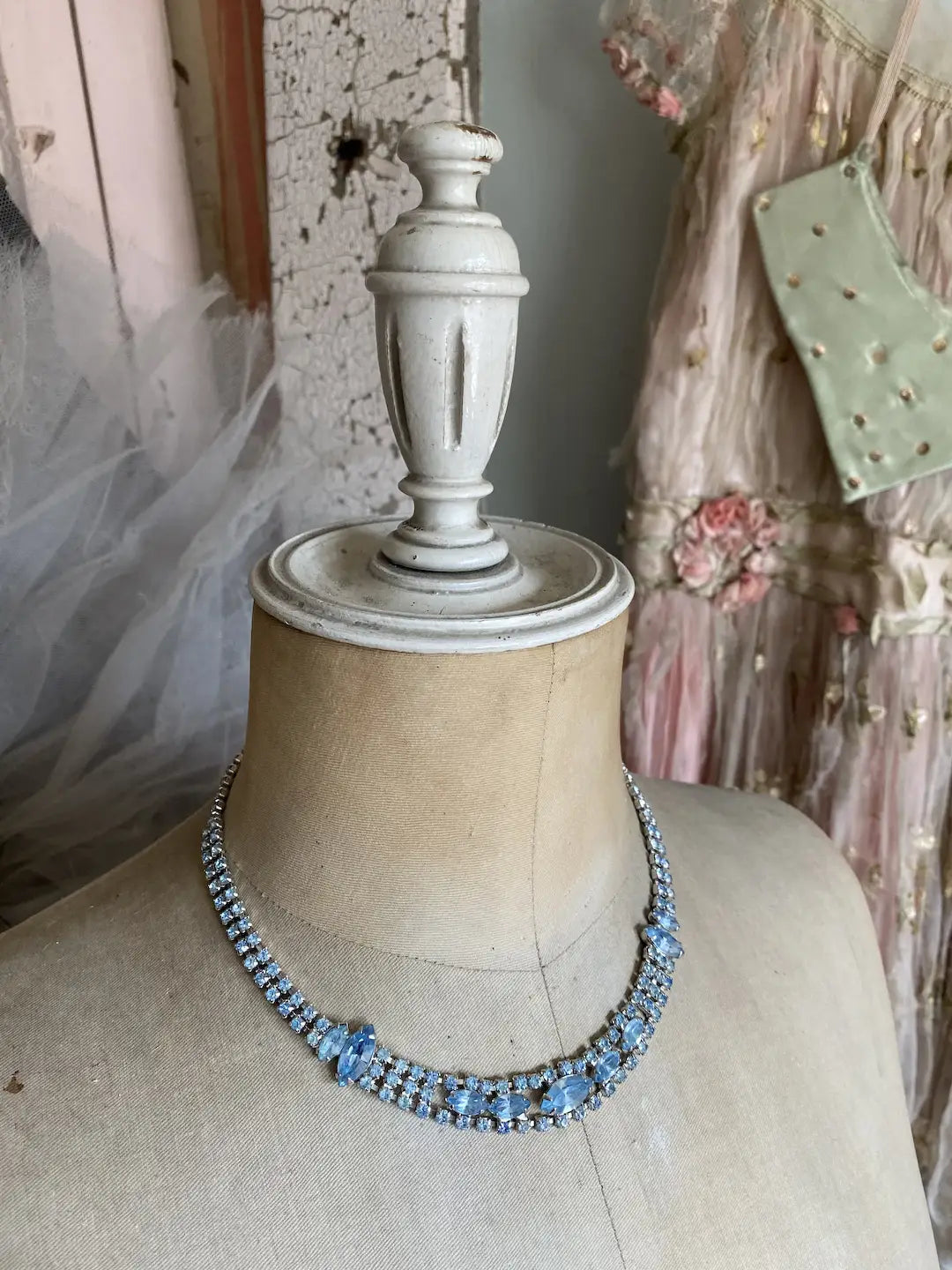 Vintage Paste Rhinestone Necklace Choker Pale Blue