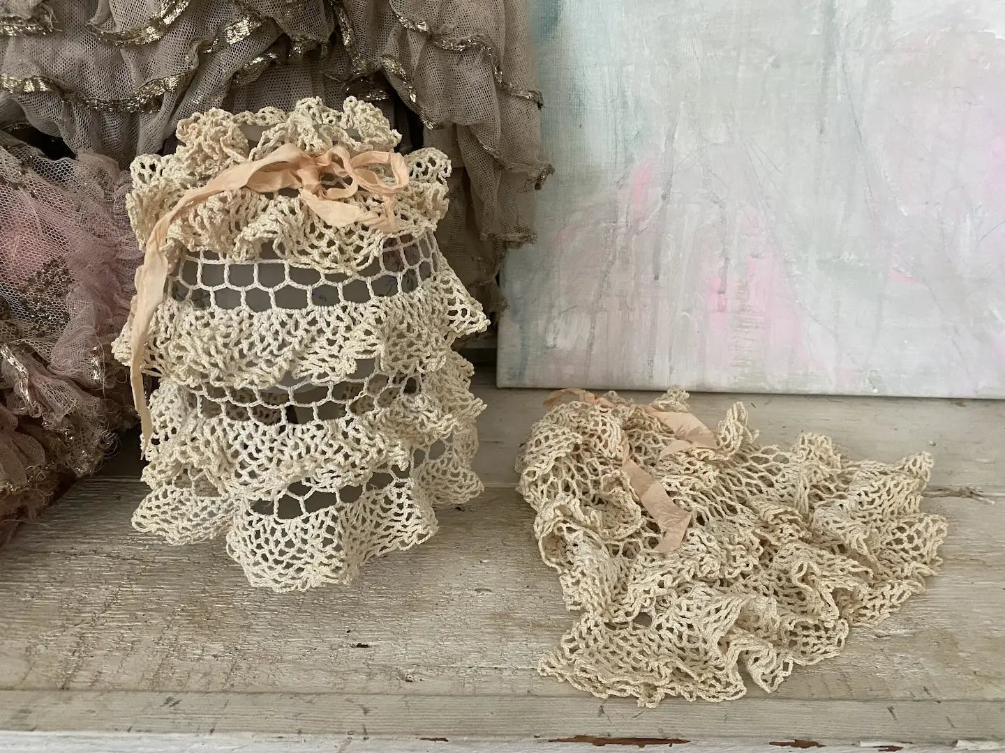 Vintage Pair Lace Ruffled Petite Boudoir Lampshade Covers