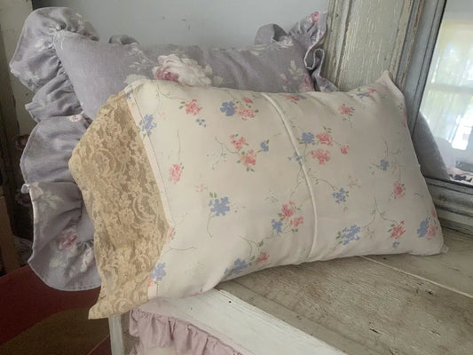 Vintage Pink Floral Lace Trim Boudor Throw Pillow Pillowcase