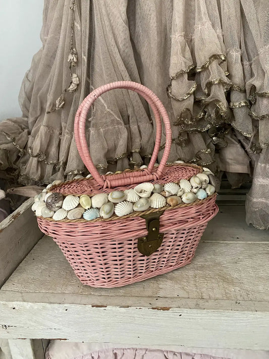 Vintage Pink Wicker Basket Purse Bag