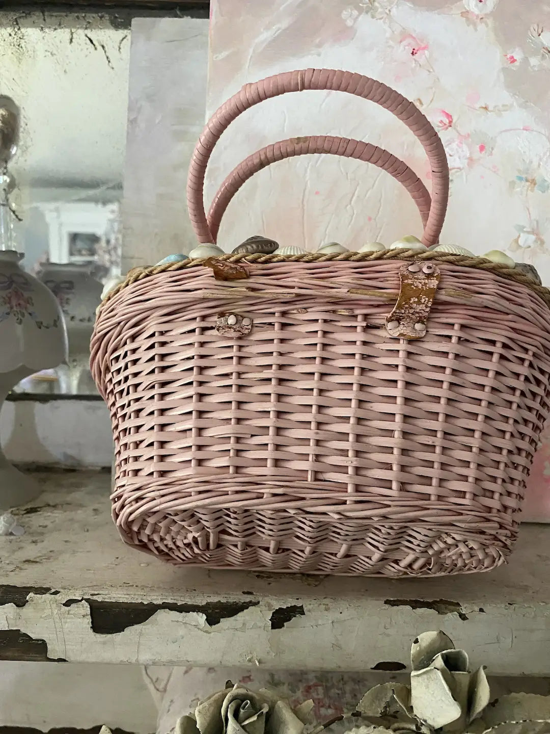 Vintage Pink Wicker Basket Purse Bag