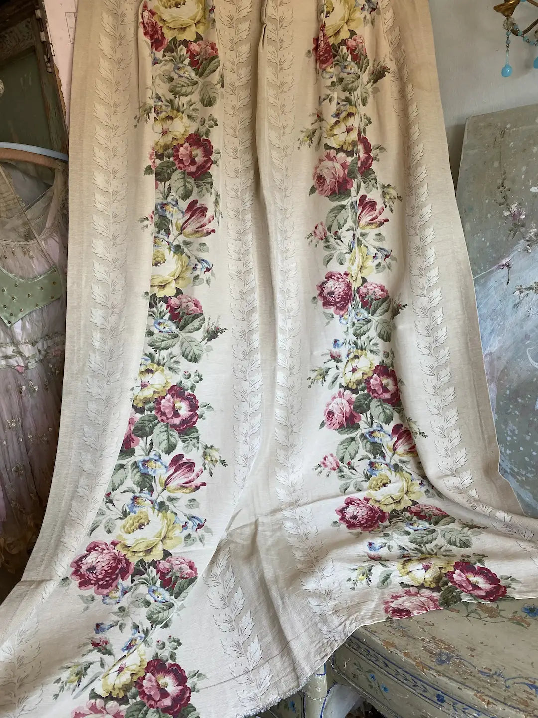 Vintage Floral Rose Curtain Panel Moire Fabric