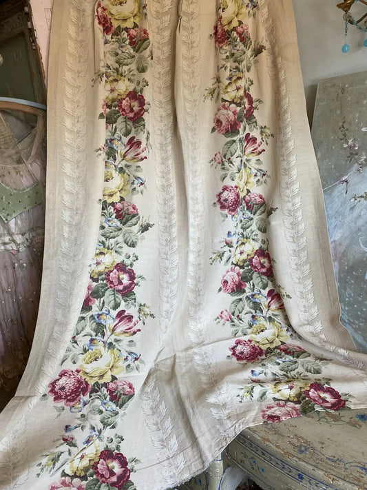 Vintage Floral Rose Curtain Panel Moire Fabric
