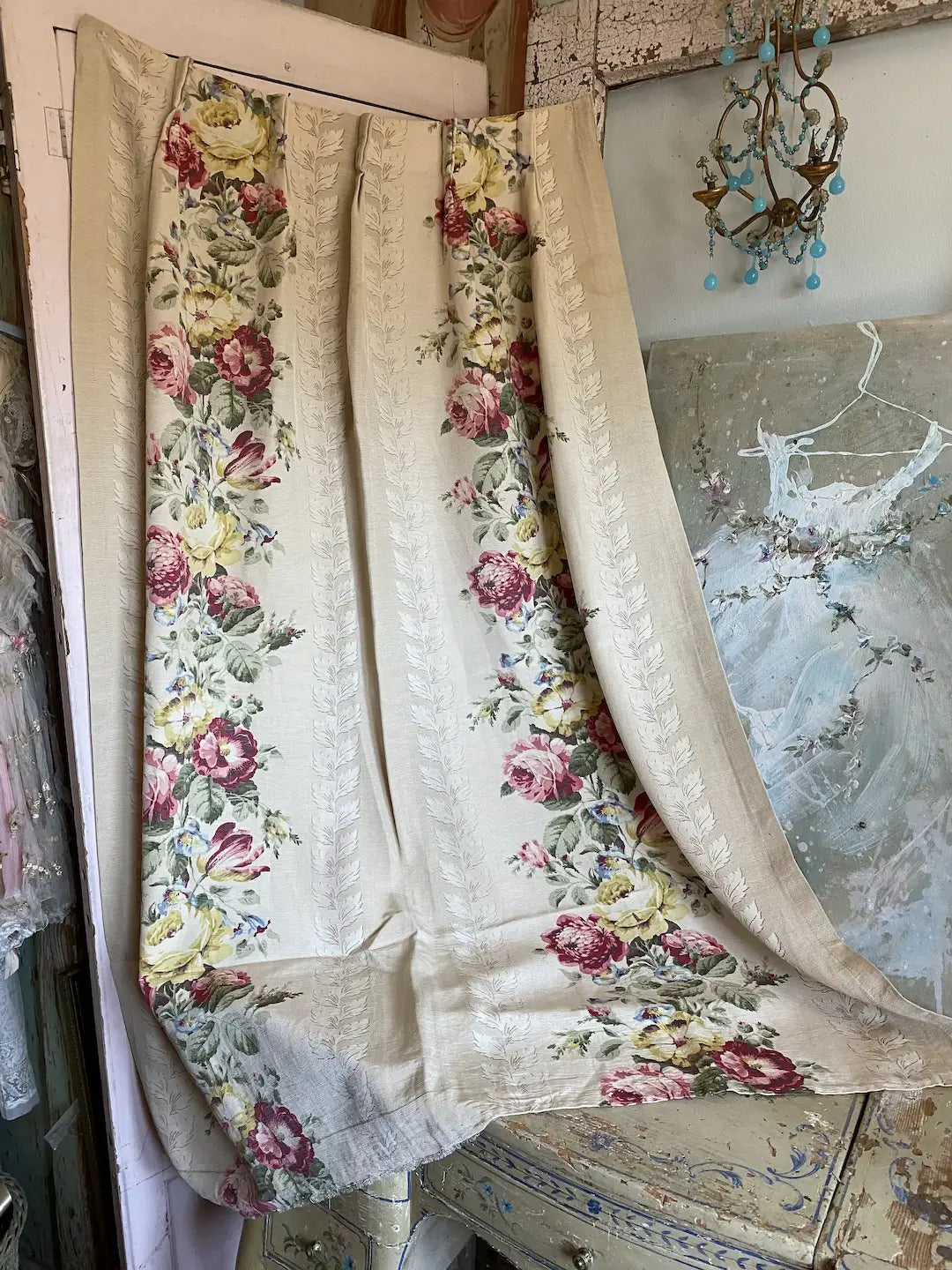 Vintage Floral Rose Curtain Panel Moire Fabric