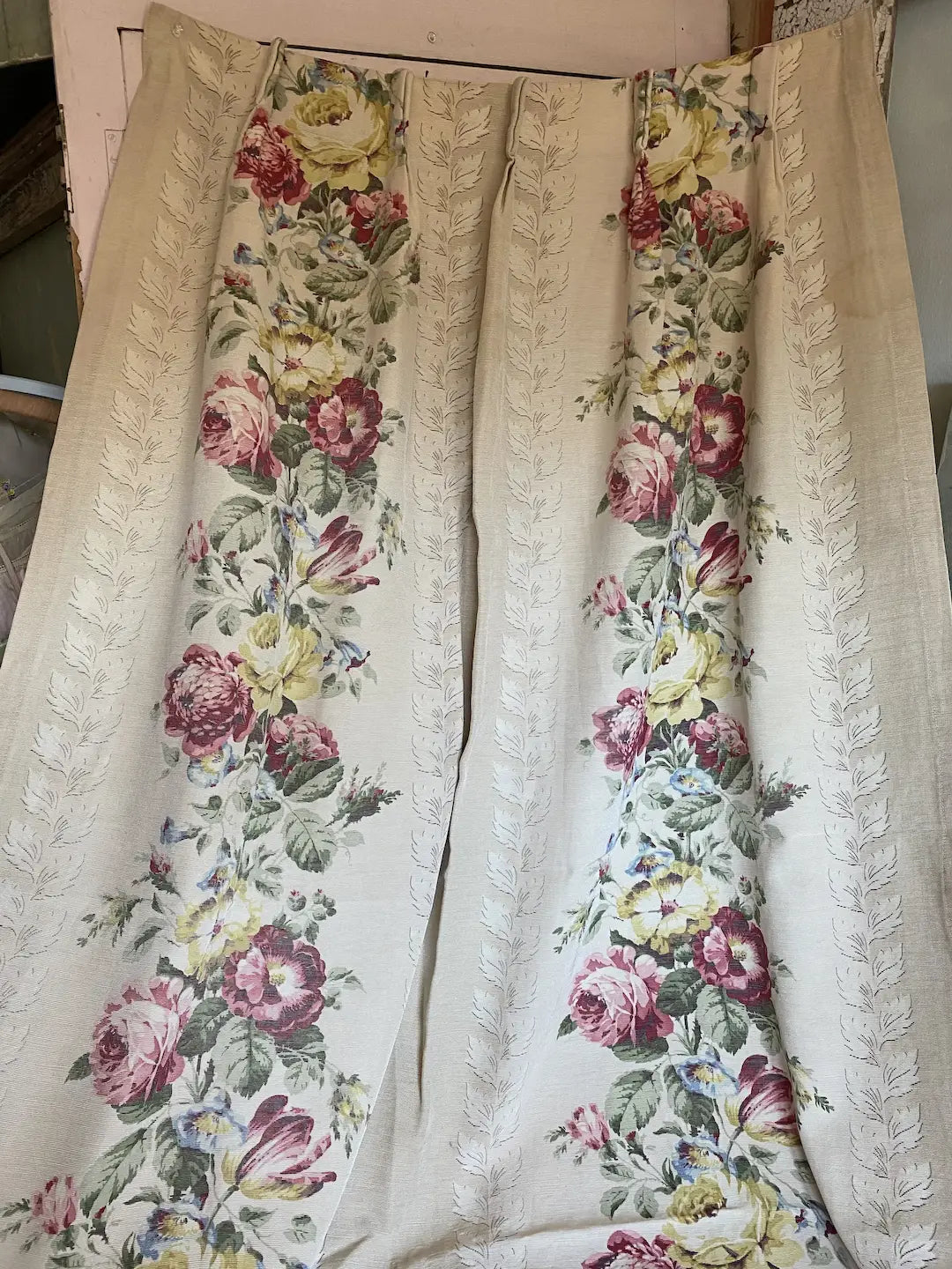 Vintage Floral Rose Curtain Panel Moire Fabric