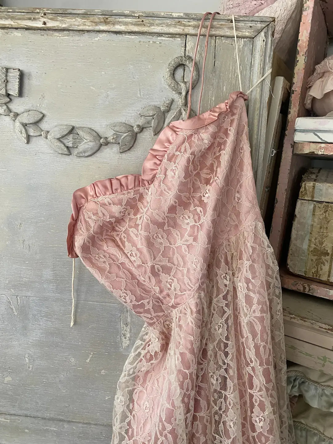 Vintage Pink Lace Prom Dress