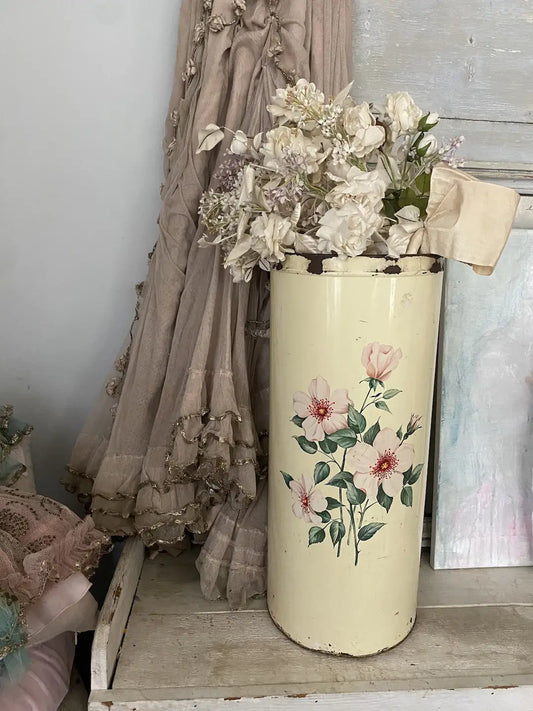 Vintage Shabby Chic Tole Floral Rose Bucket Bin XL Vase Hamper