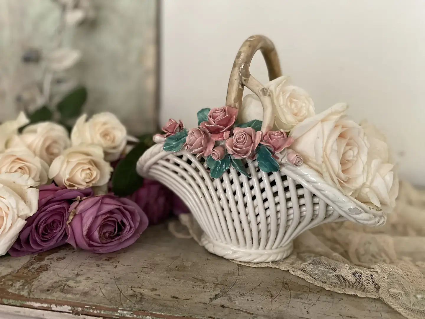 Vintage Woven Capodimonte Porcelain Flower Basket