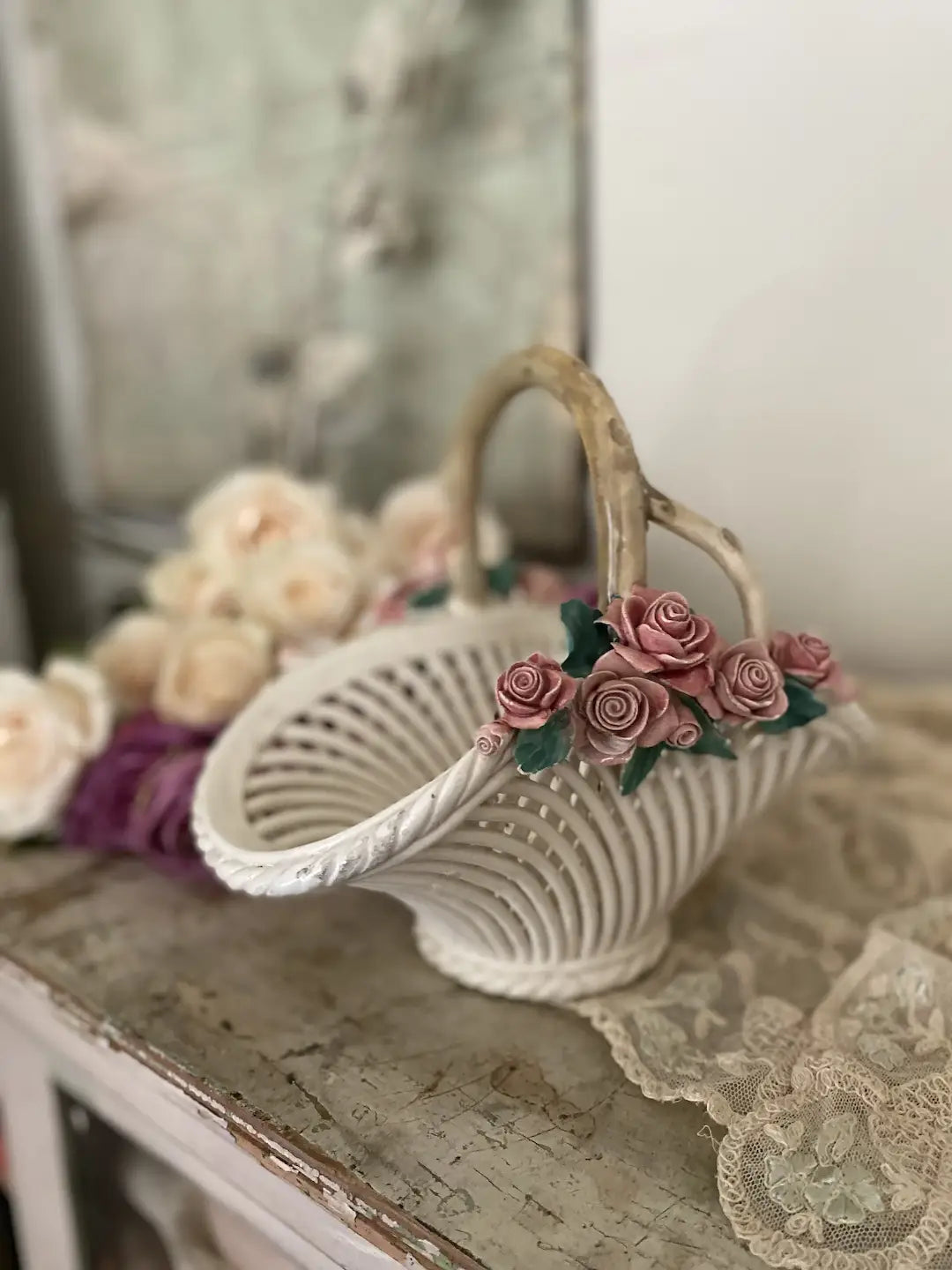 Vintage Woven Capodimonte Porcelain Flower Basket