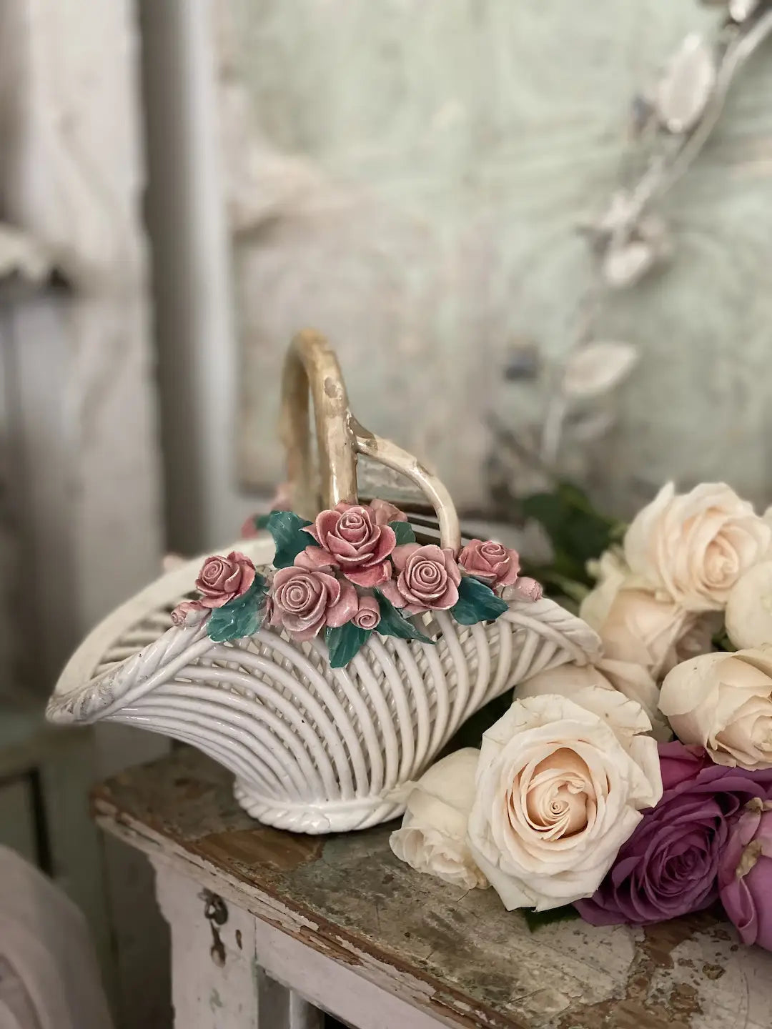 Vintage Woven Capodimonte Porcelain Flower Basket