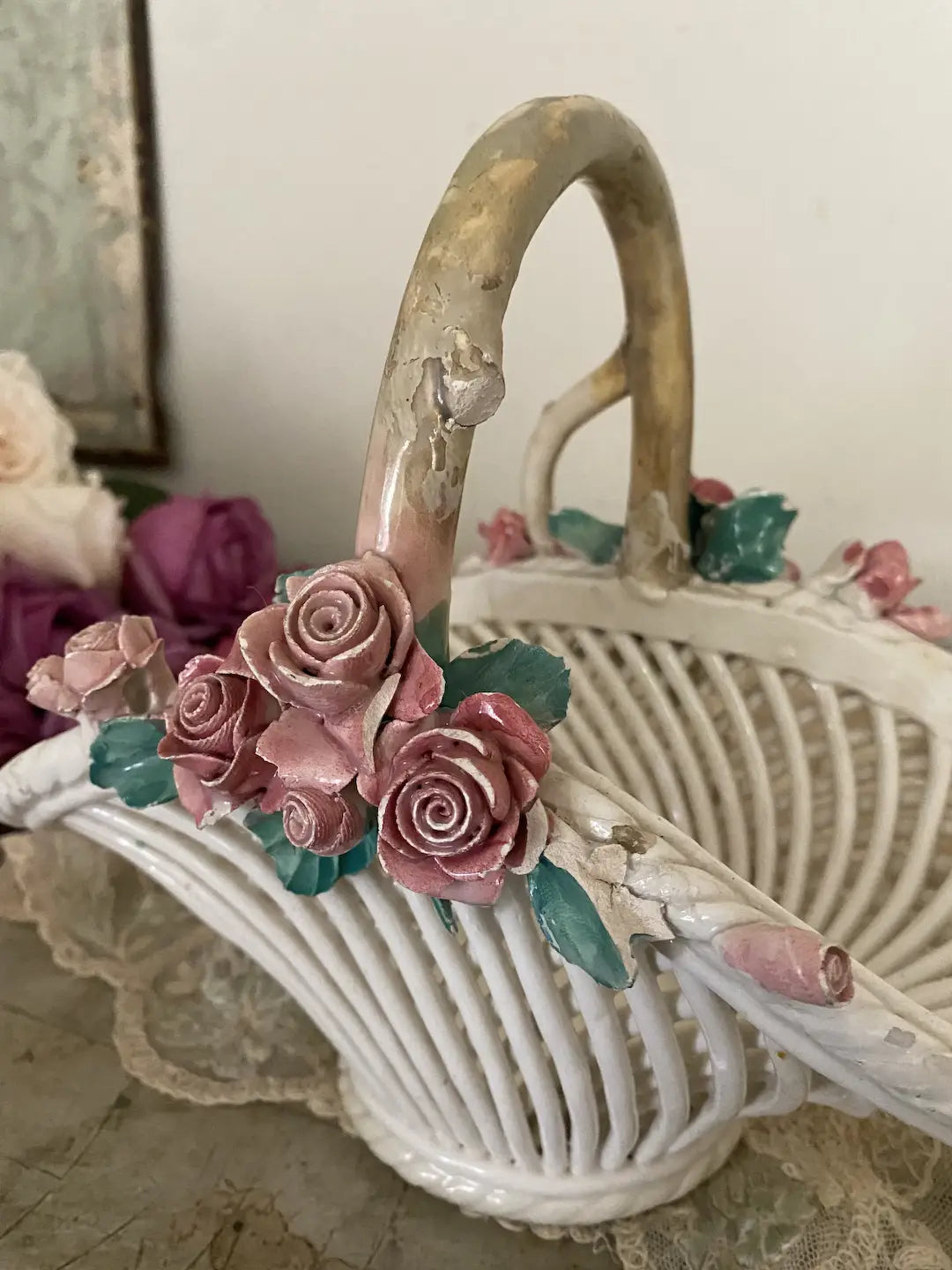 Vintage Woven Capodimonte Porcelain Flower Basket