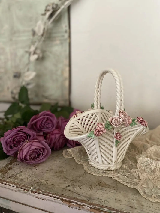 Vintage Woven Capodimonte Procelain Flower Basket