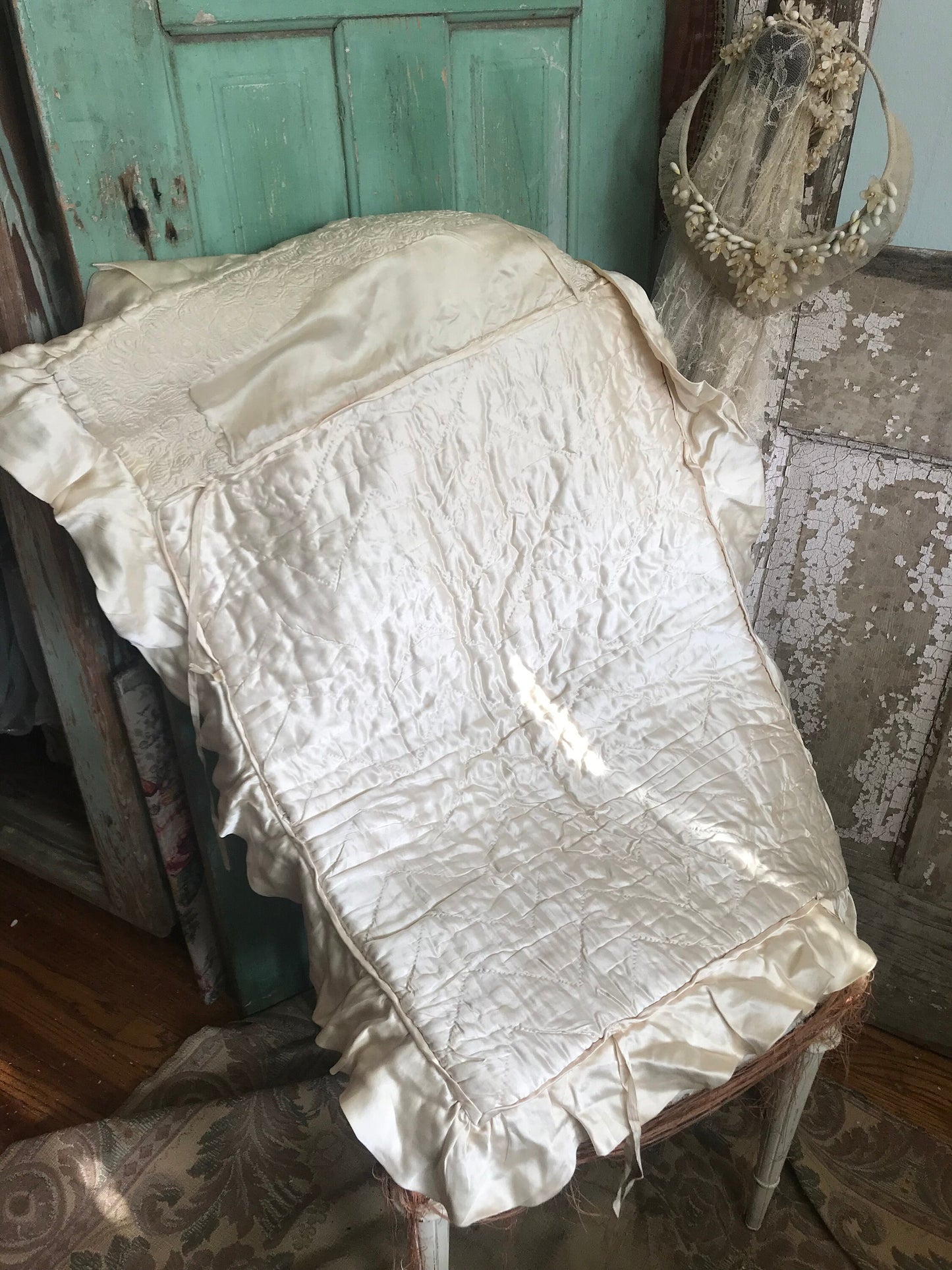 Antique Silk Baby Crib Christening Blanket