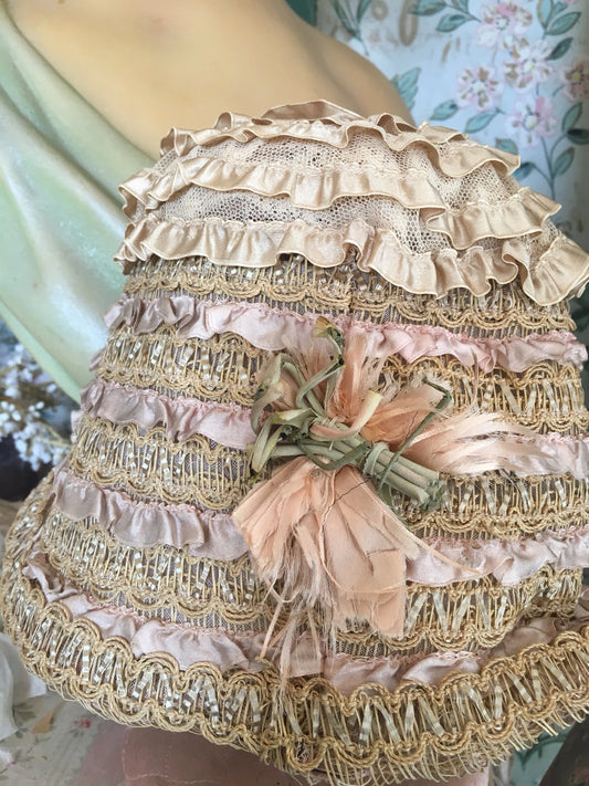 Antique 1920s Hat Cloche Lace Pink Ribbon