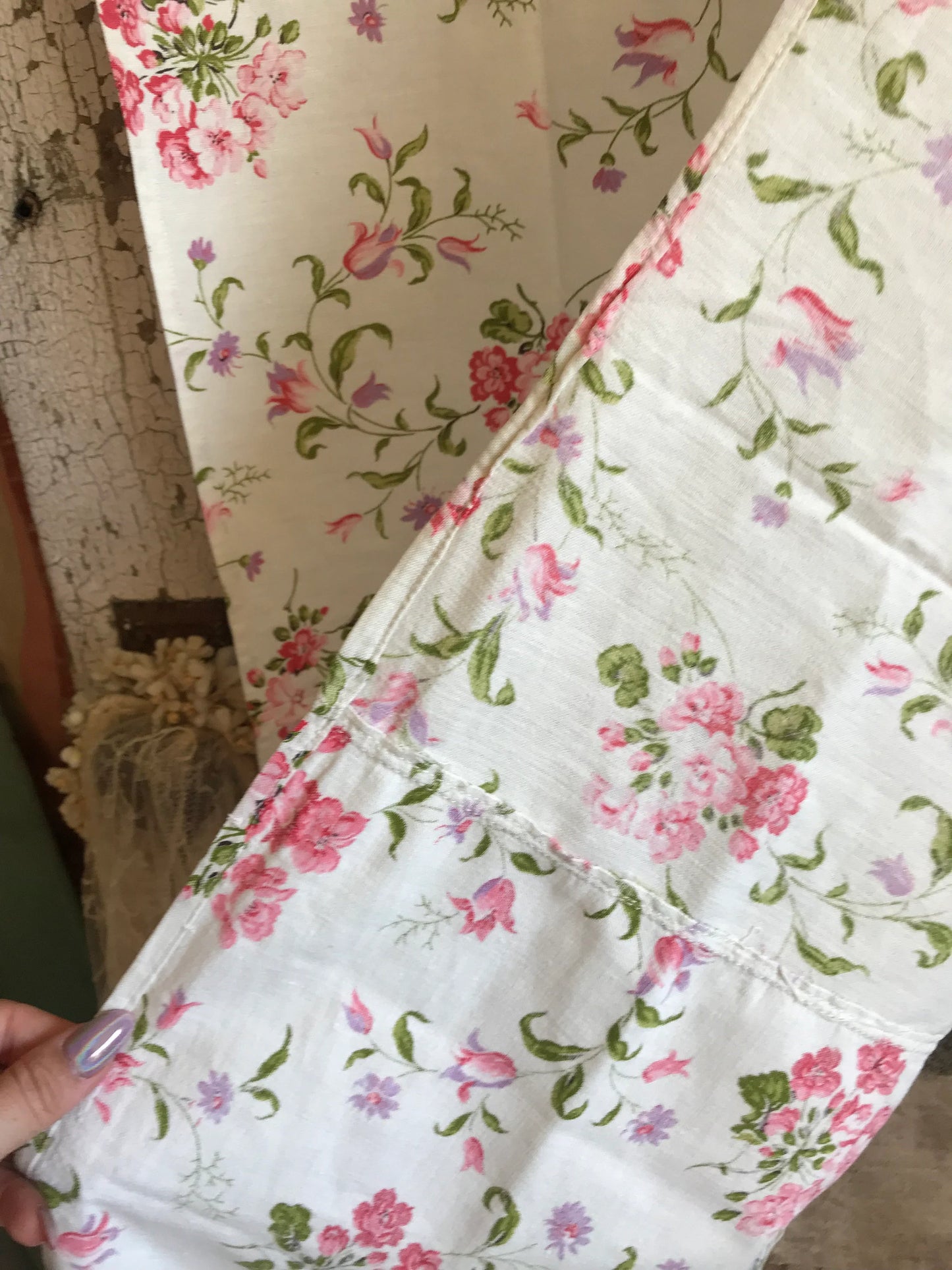 Vintage French Fabric White Pink Lavender Flowers