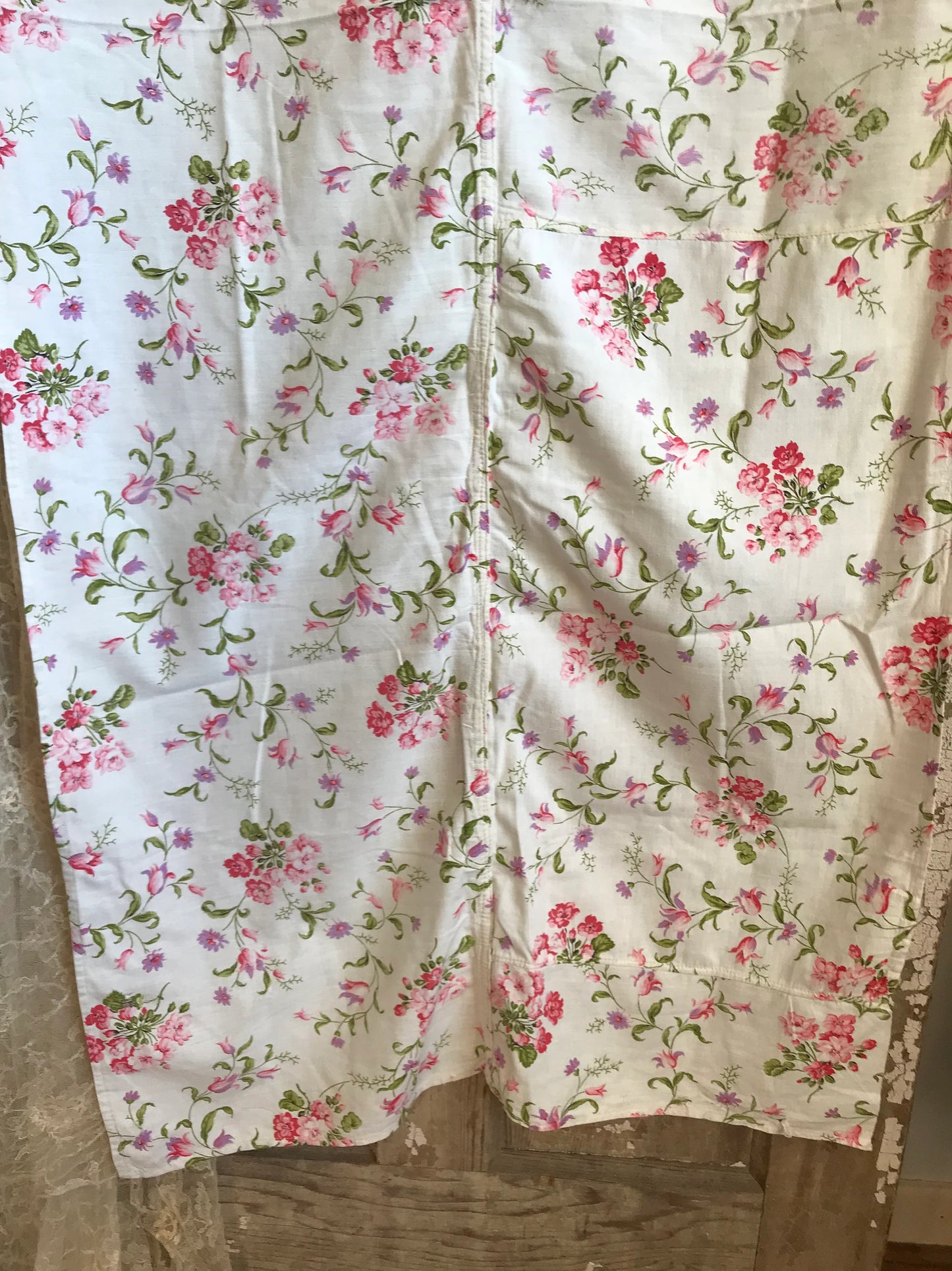 Vintage French Fabric White Pink Lavender Flowers