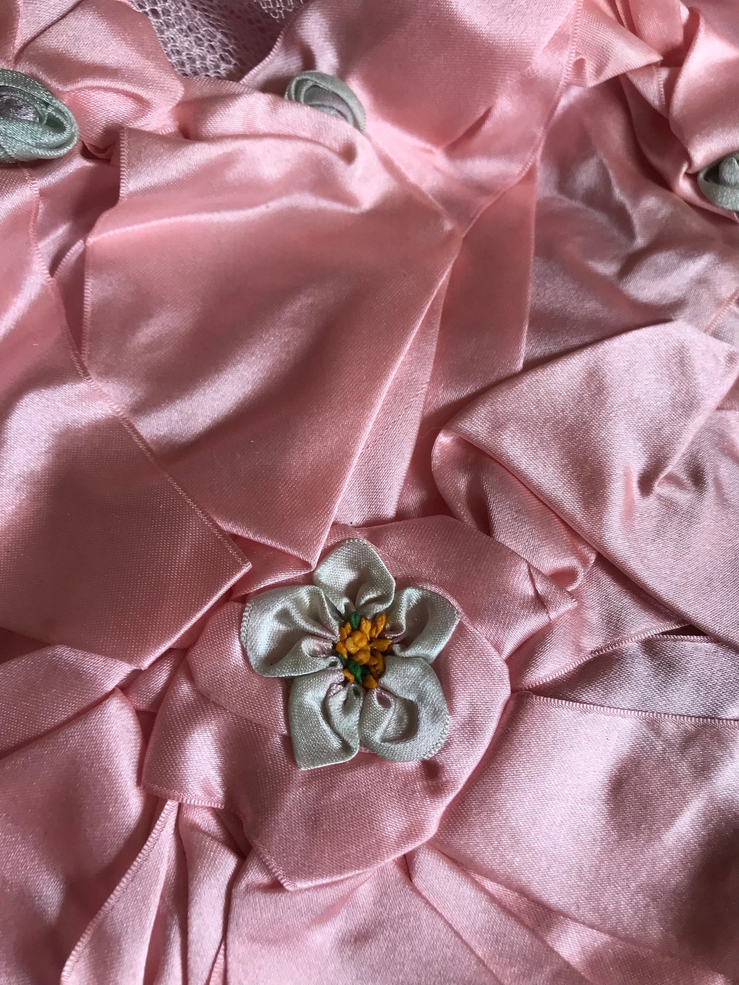 Antique XL Ribbonwork Applique Pink Silk
