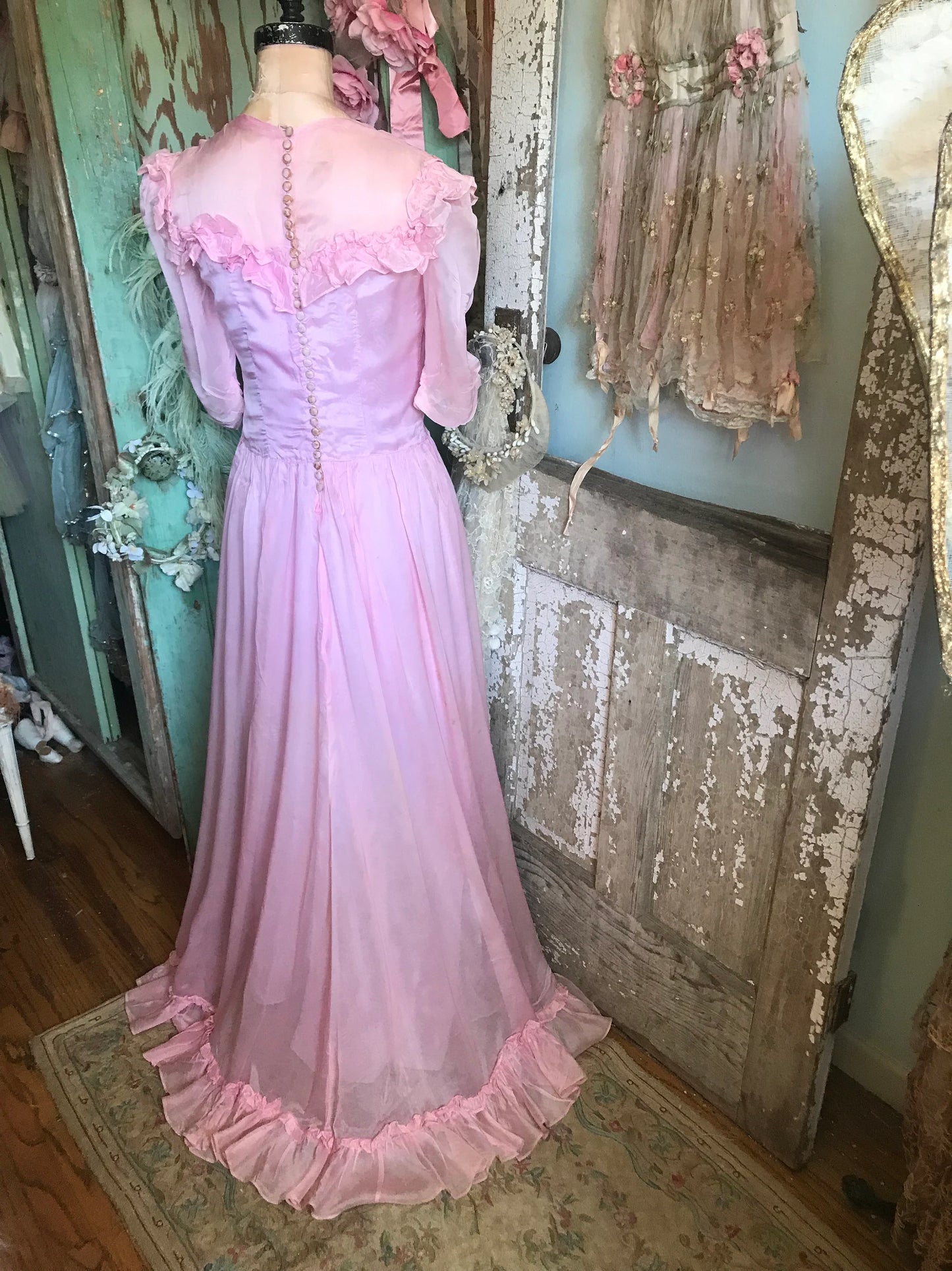 Vintage Pink Ruffled Prom Dress