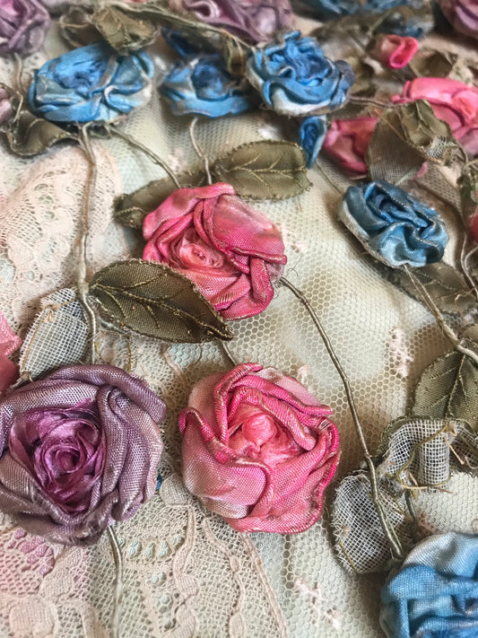 Antique Ribbonwork Garland Pink Blue Purple Silk Rosettes