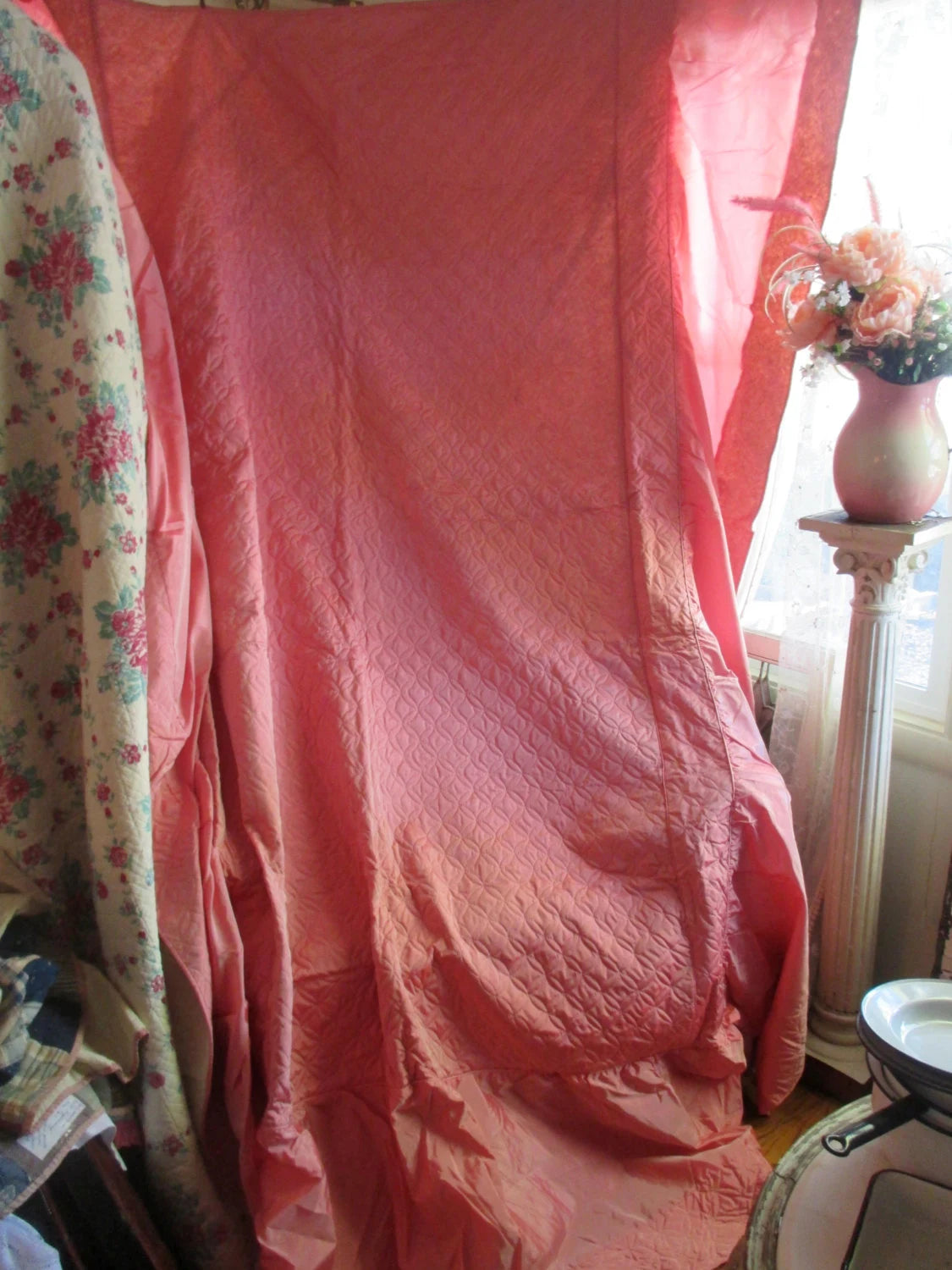 Vintage Pink Quilted Bedspread Coverlet